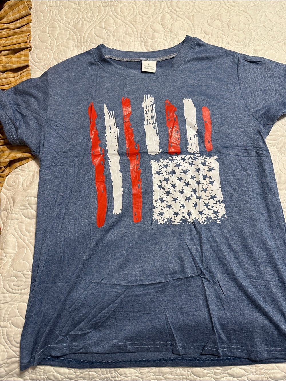 Women’s Blue Graphic Tee with Red & White Flag Design